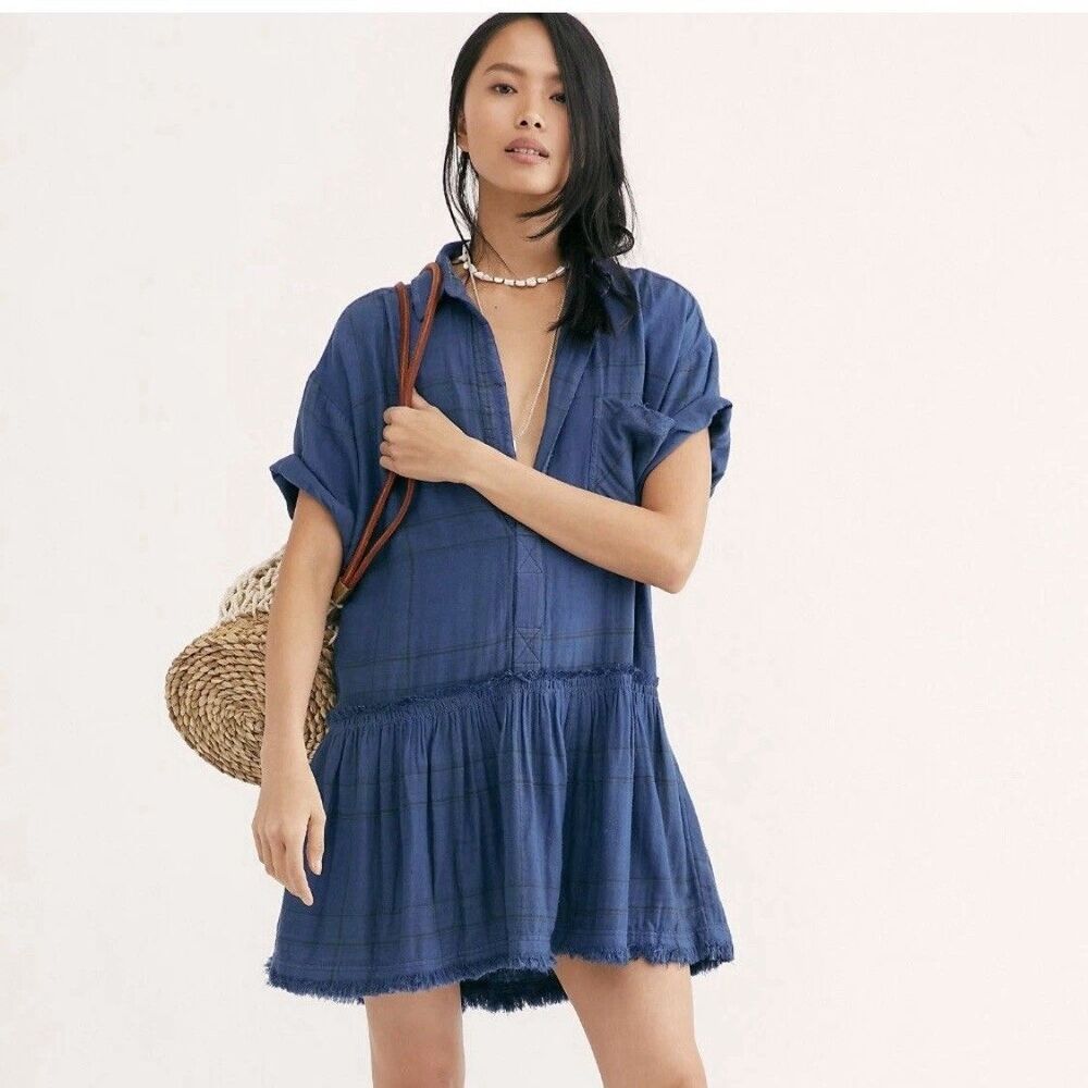 Free People Sz S Love Buzz Plaid Ruffle Drop Waist Tunic Mini Dress In Blue